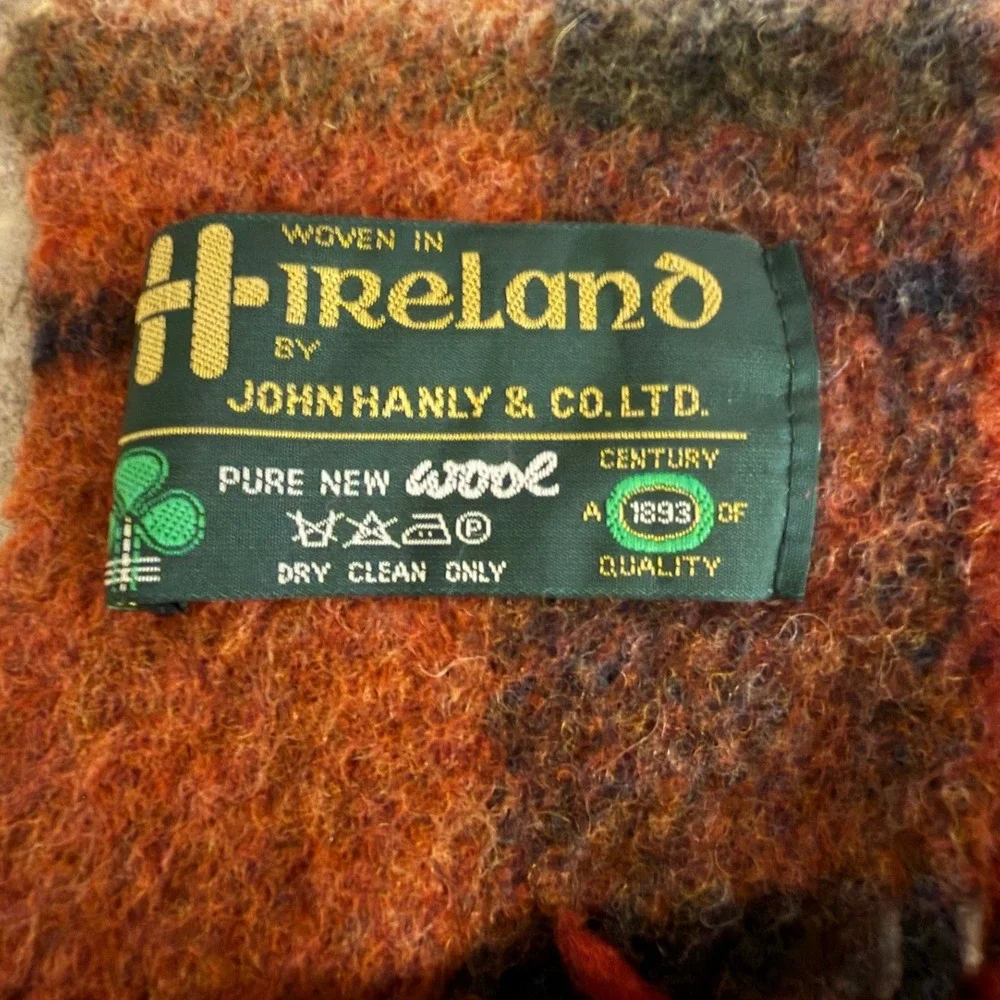 John Hanly & Co Ireland Wool Scarf Orange Plaid Fringed Heritage Dark Academia